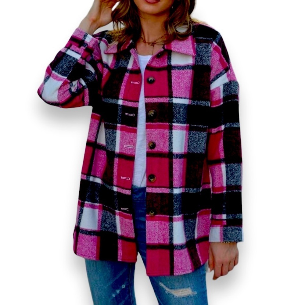 NWT Yeokou Sz L Pink-Cream-Black Plaid Flannel Shacket Button Down Shirt Jacket